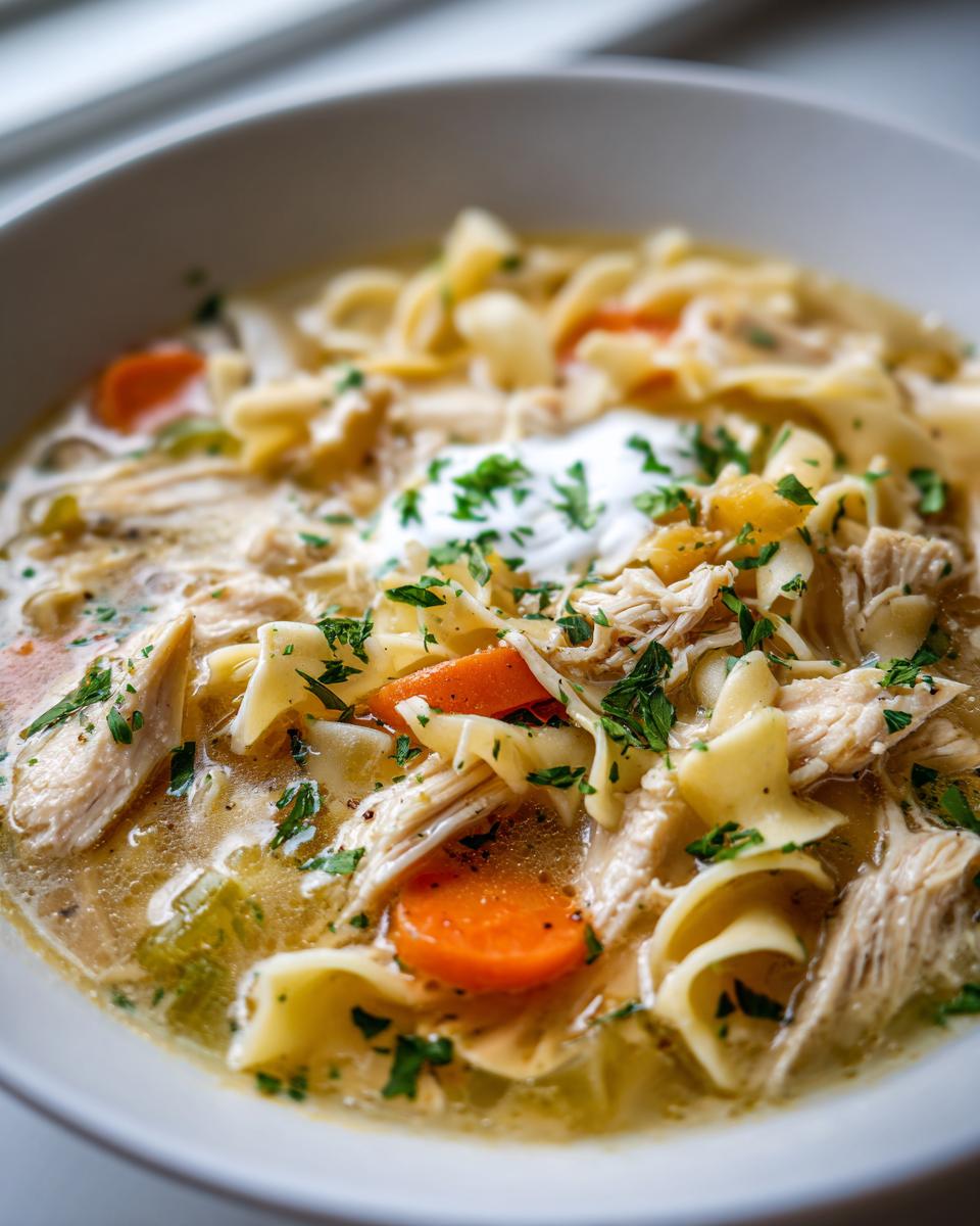 A comforting bowl of Creamy Garlic Chicken Noodle Soup with wide egg noodles, shredded chicken, carrots, and a dollop of sour cream topped with parsley.