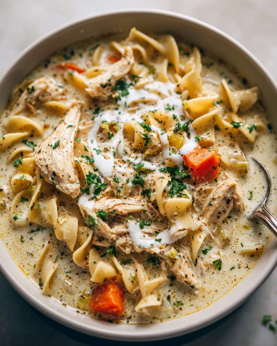 A close-up of Creamy Garlic Chicken Noodle Soup with wide egg noodles, shredded chicken, carrots, and a swirl of cream.
