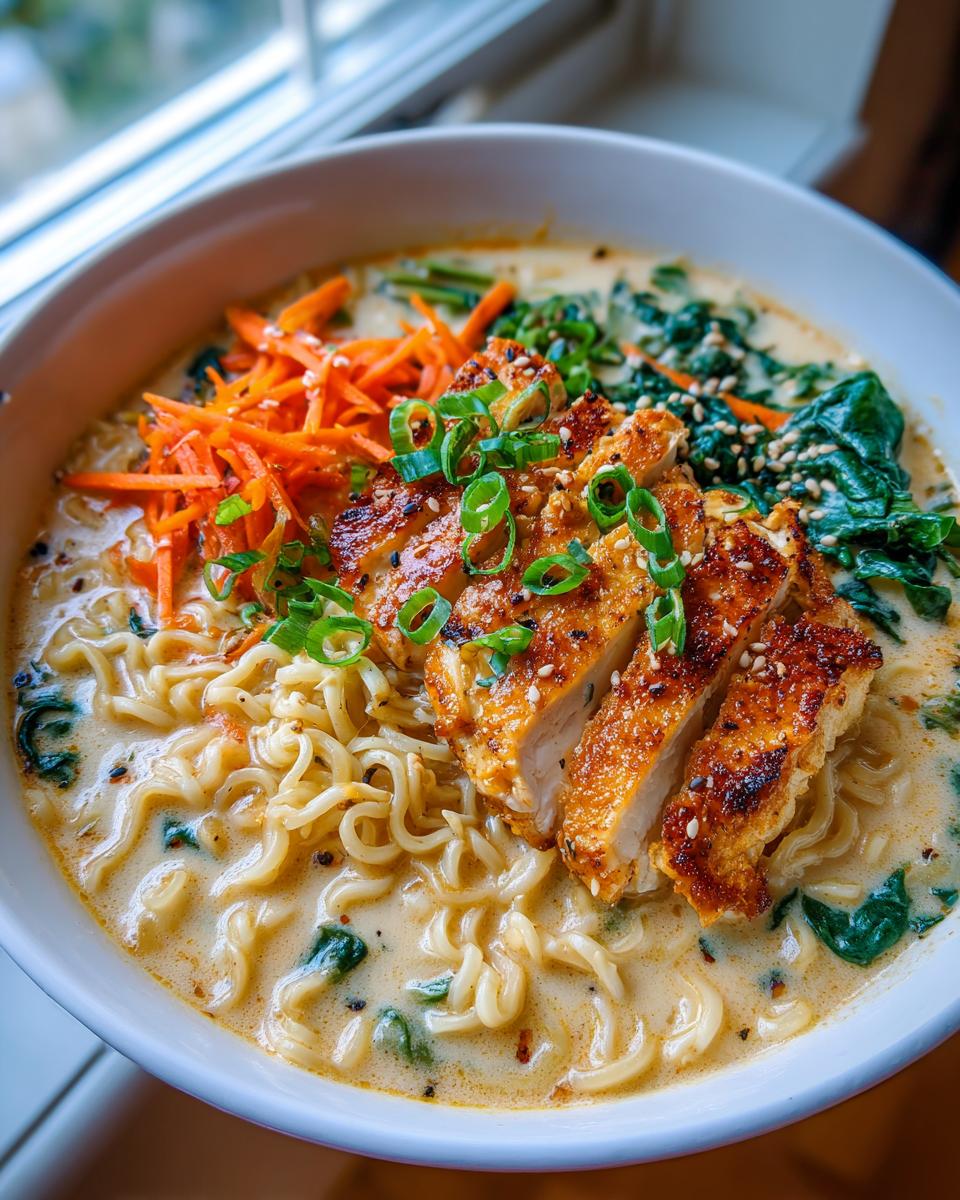 A close-up shot of a Creamy Garlic Chicken Ramen Bowl, featuring sliced grilled chicken, ramen noodles, shredded carrots, and spinach in a rich broth.