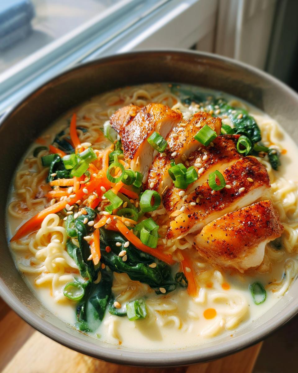 A close-up of a Creamy Garlic Chicken Ramen Bowl with sliced chicken, noodles, spinach, and carrots.
