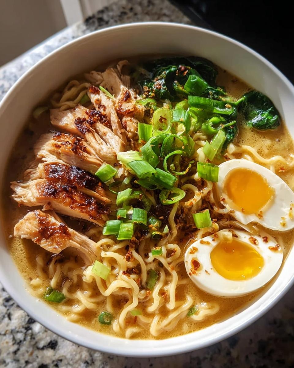 Cozy Creamy Garlic Chicken Ramen: 30 Min Masterpiece 4 A bowl of Creamy Garlic Chicken Ramen with sliced chicken, soft-boiled eggs, spinach, and green onions.