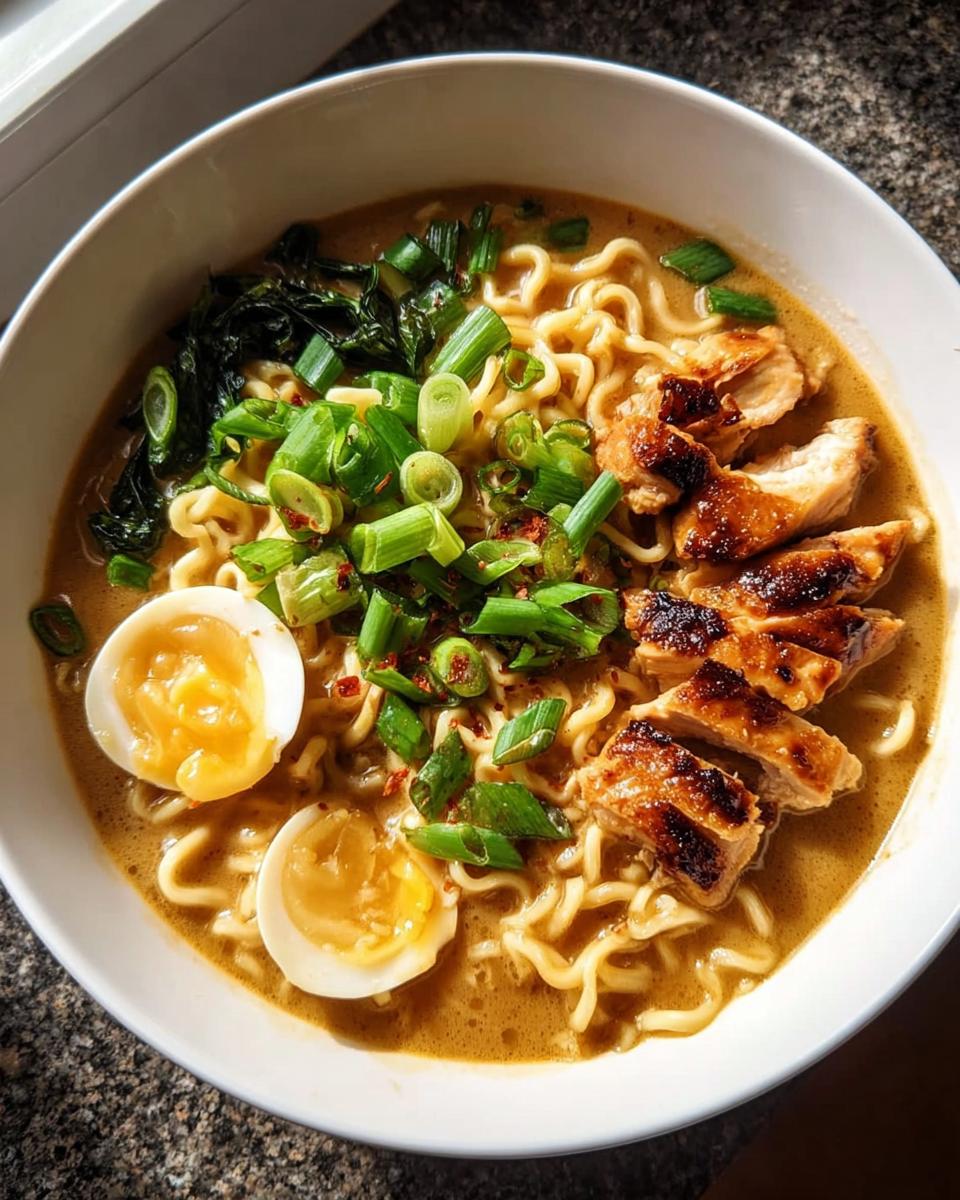 Cozy Creamy Garlic Chicken Ramen: 30 Min Masterpiece 5 A bowl of Creamy Garlic Chicken Ramen with sliced chicken, ramen noodles, soft-boiled egg, and green onions.