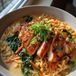 A close-up of a Creamy Garlic Chicken Ramen Bowl with sliced chicken, spinach, carrots, and ramen noodles in a rich broth.