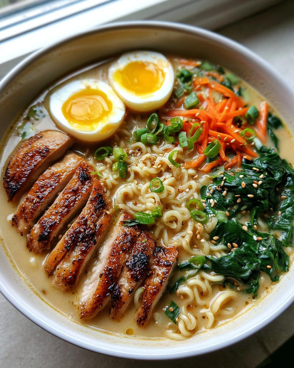 A bowl of Creamy Garlic Chicken Ramen Easy Comfort Bowl with sliced chicken, ramen noodles, a soft-boiled egg, and spinach.