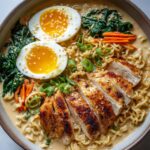 A close-up of a Creamy Garlic Chicken Ramen Easy Comfort Bowl, featuring sliced chicken, ramen noodles, a soft-boiled egg, and greens.