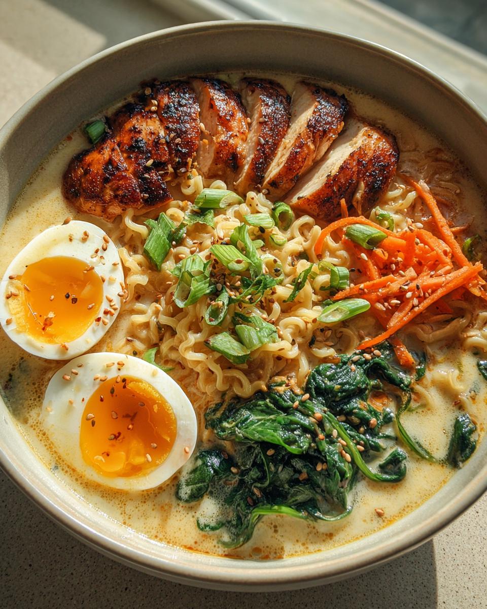 A bowl of Creamy Garlic Chicken Ramen Easy Comfort Bowl with sliced grilled chicken, ramen noodles, soft-boiled eggs, spinach, and carrots.