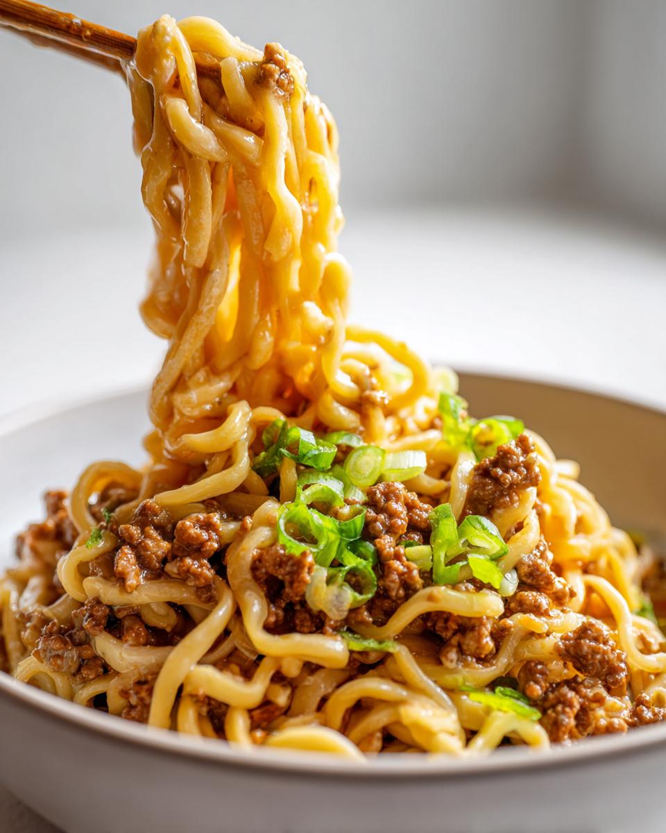 Close-up of chopsticks lifting a portion of Creamy Garlic Ramen with Ground Beef, topped with green onions.