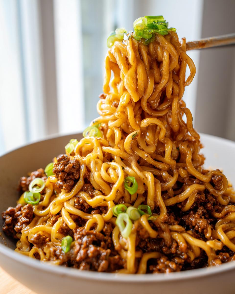 A close-up shot of creamy garlic ramen with ground beef, garnished with green onions, being lifted with chopsticks.