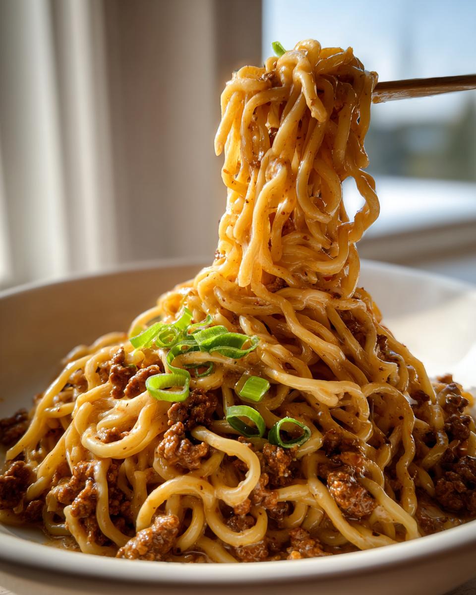 A close-up shot of creamy garlic ramen with ground beef, garnished with green onions, being lifted by chopsticks.