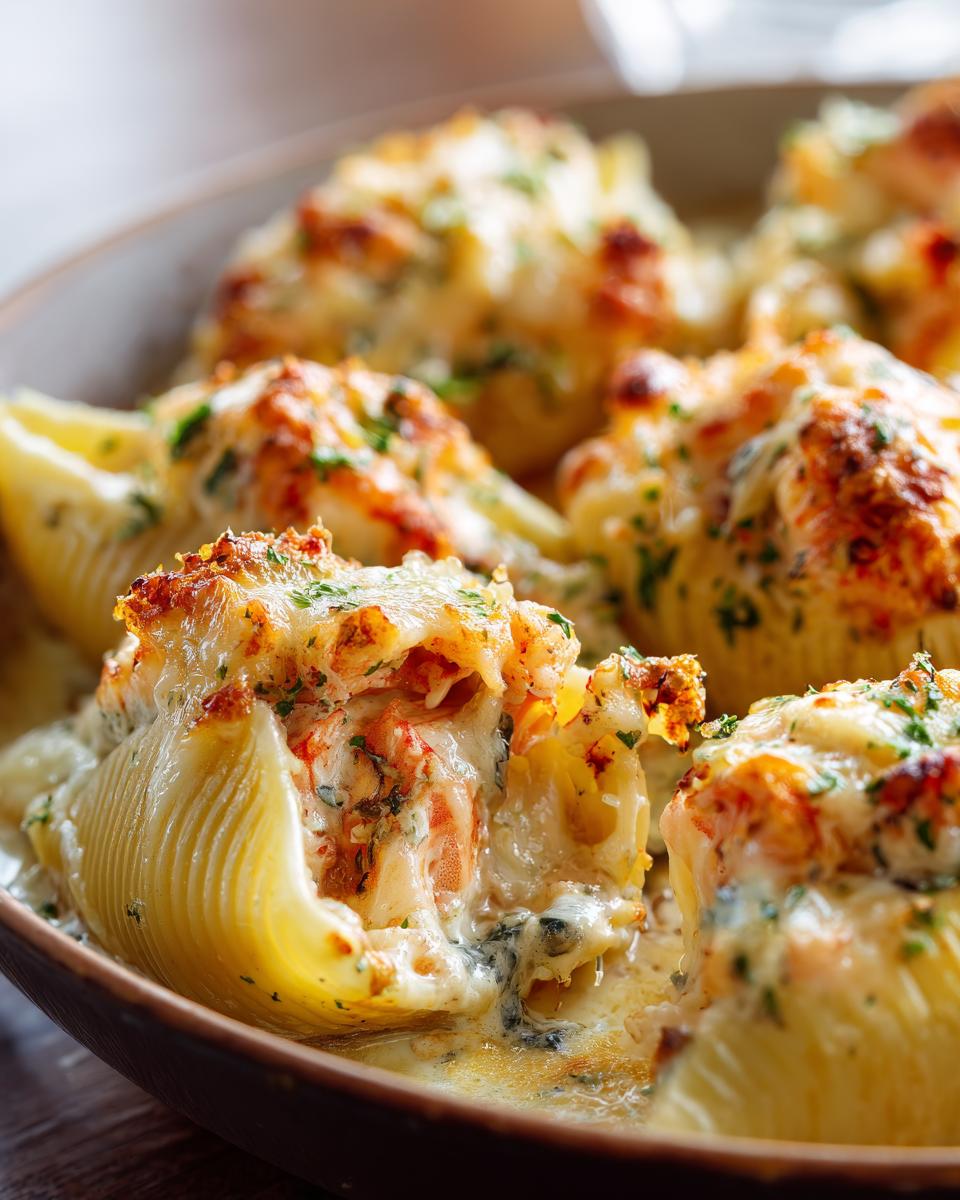 Decadent Creamy Seafood Stuffed Shells Recipe 5 Close-up of baked Creamy Seafood Stuffed Shells Recipe, overflowing with cheesy seafood filling and topped with herbs.