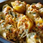 Close-up of a bowl filled with Creamy Seafood Stuffed Shells, topped with melted cheese and parsley.