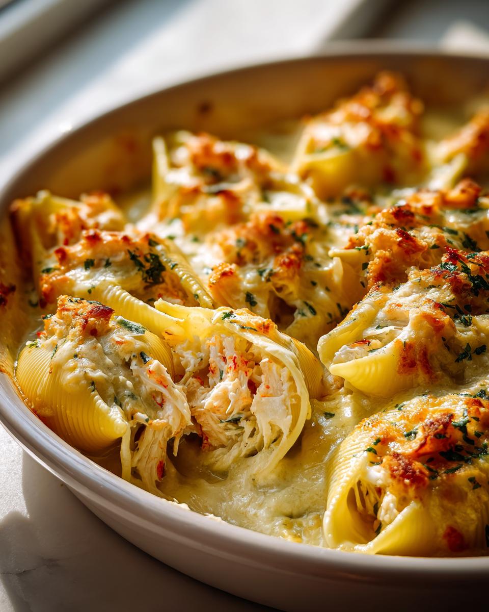 Decadent Creamy Seafood Stuffed Shells Recipe 4 Close-up of Creamy Seafood Stuffed Shells Recipe in a baking dish, showing the cheesy filling and pasta shells.