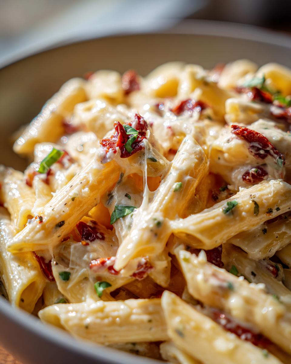 Creamy Sun Dried Tomato Garlic Pasta: 30-Min Dinner 5 Close-up of creamy sun dried tomato garlic pasta, showing penne noodles coated in a rich sauce with sun-dried tomatoes and herbs.