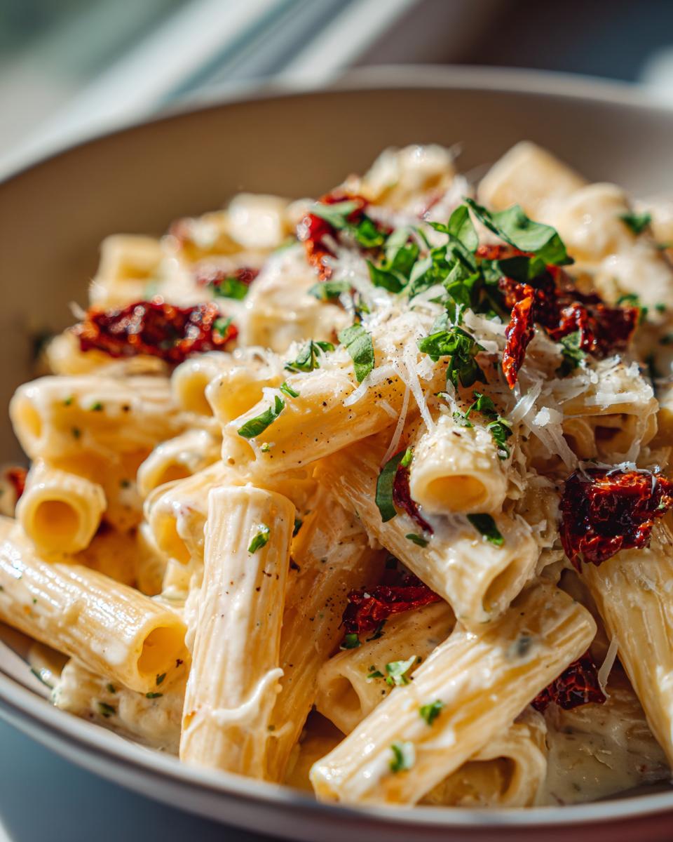 Creamy Sun Dried Tomato Garlic Pasta: 30-Min Dinner 4 Close-up of a bowl of Creamy Sun Dried Tomato Garlic Pasta, topped with parmesan and herbs.