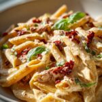 Close-up of Creamy Sun Dried Tomato Garlic Pasta, featuring penne pasta coated in a rich sauce with sun-dried tomatoes and fresh basil.