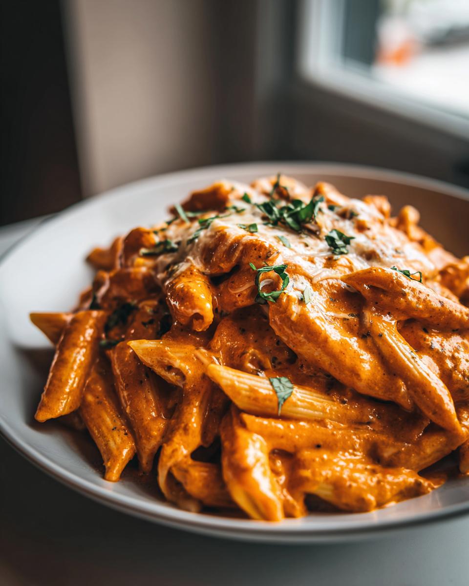 Close-up of penne pasta coated in a rich, creamy tomato basil sauce, topped with melted cheese and fresh basil.