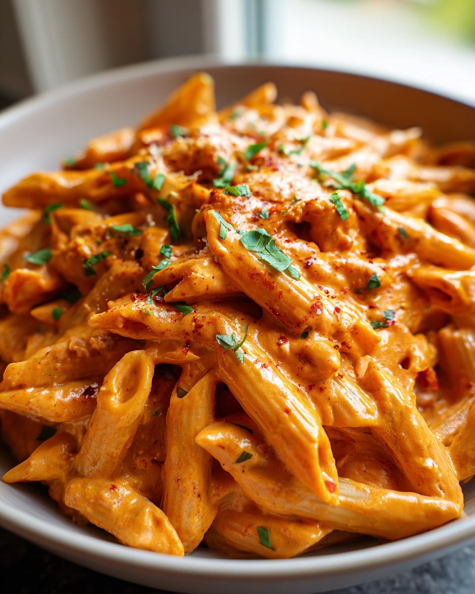 A close-up of creamy tomato basil pasta in a bowl, garnished with fresh herbs and red pepper flakes.