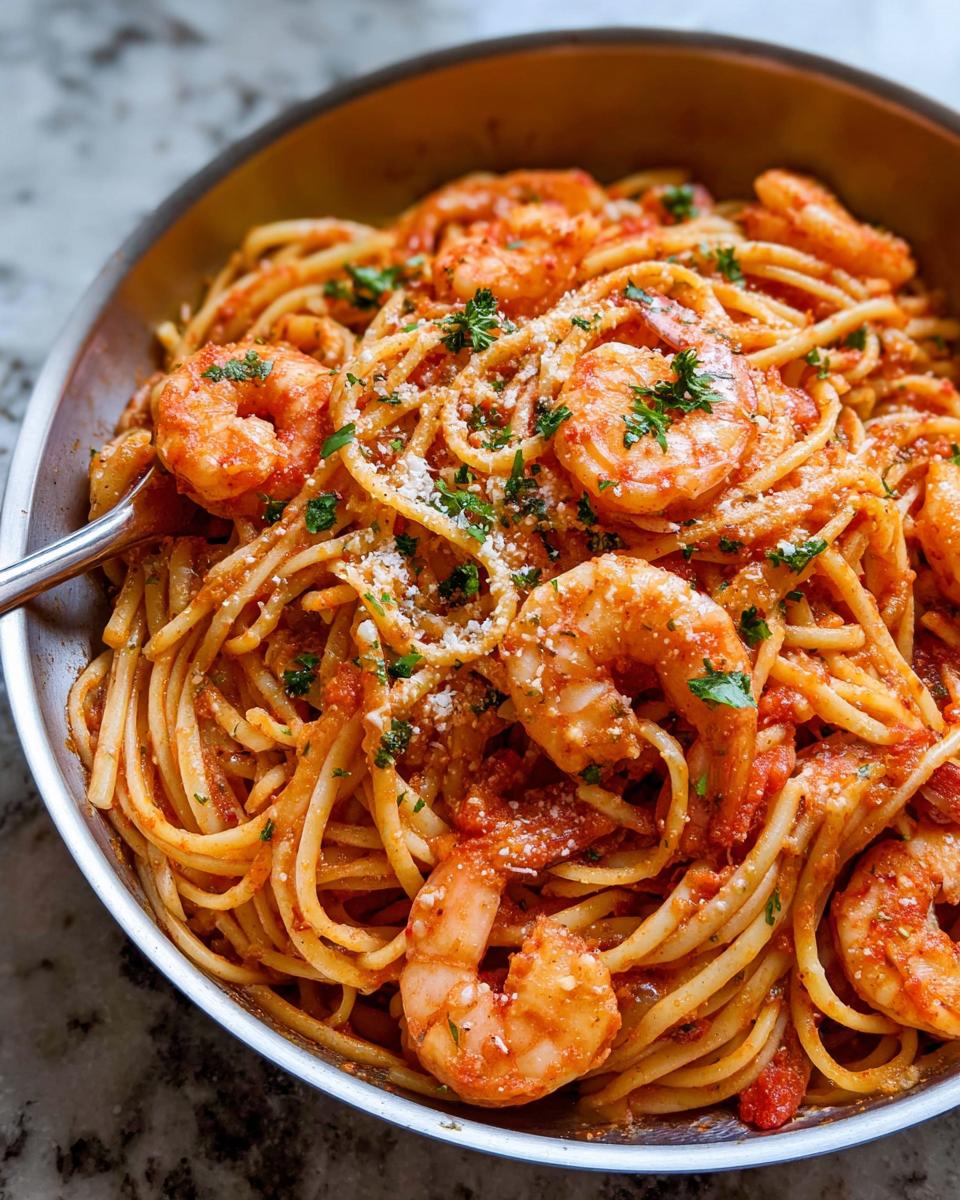Fast Creamy Tomato Garlic Butter Shrimp Pasta 5 A close-up of a bowl of Creamy Tomato Garlic Butter Shrimp Pasta, topped with fresh parsley and grated cheese.