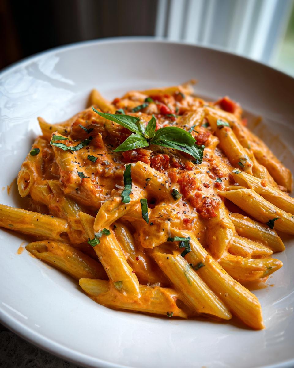 A close-up of Creamy Tomato Garlic Pasta, a delicious and easy summer dinner, garnished with fresh basil.