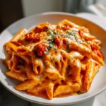 A close-up of creamy tomato garlic pasta with melted cheese and fresh basil, perfect for an easy summer dinner.