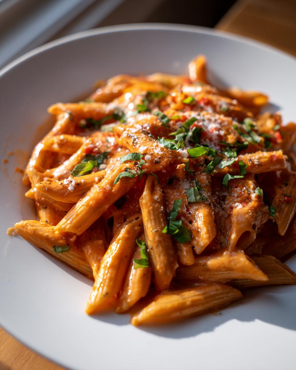 Close-up of creamy tomato garlic pasta with fresh basil and grated parmesan cheese.
