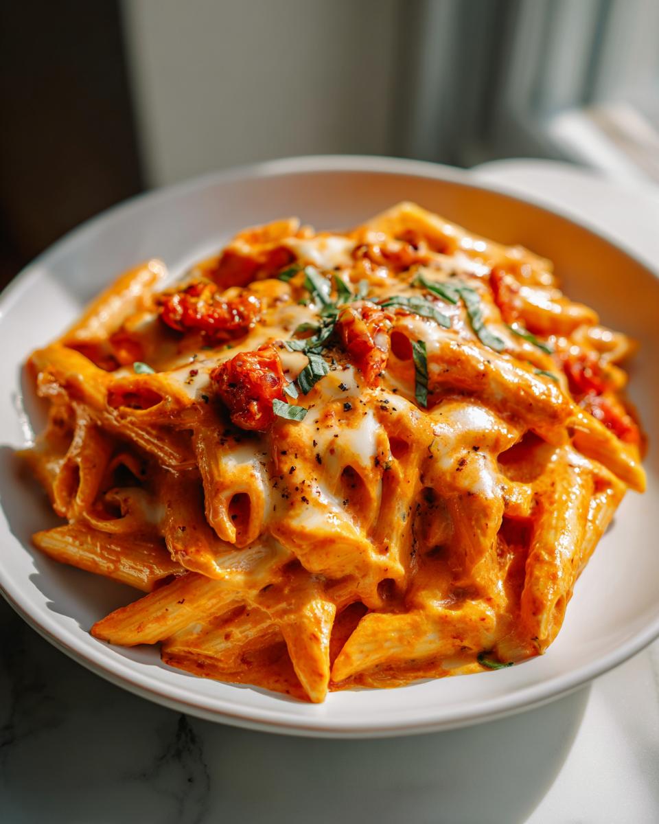 A close-up of Creamy Tomato Garlic Pasta, featuring penne pasta coated in a rich sauce with melted cheese and basil.