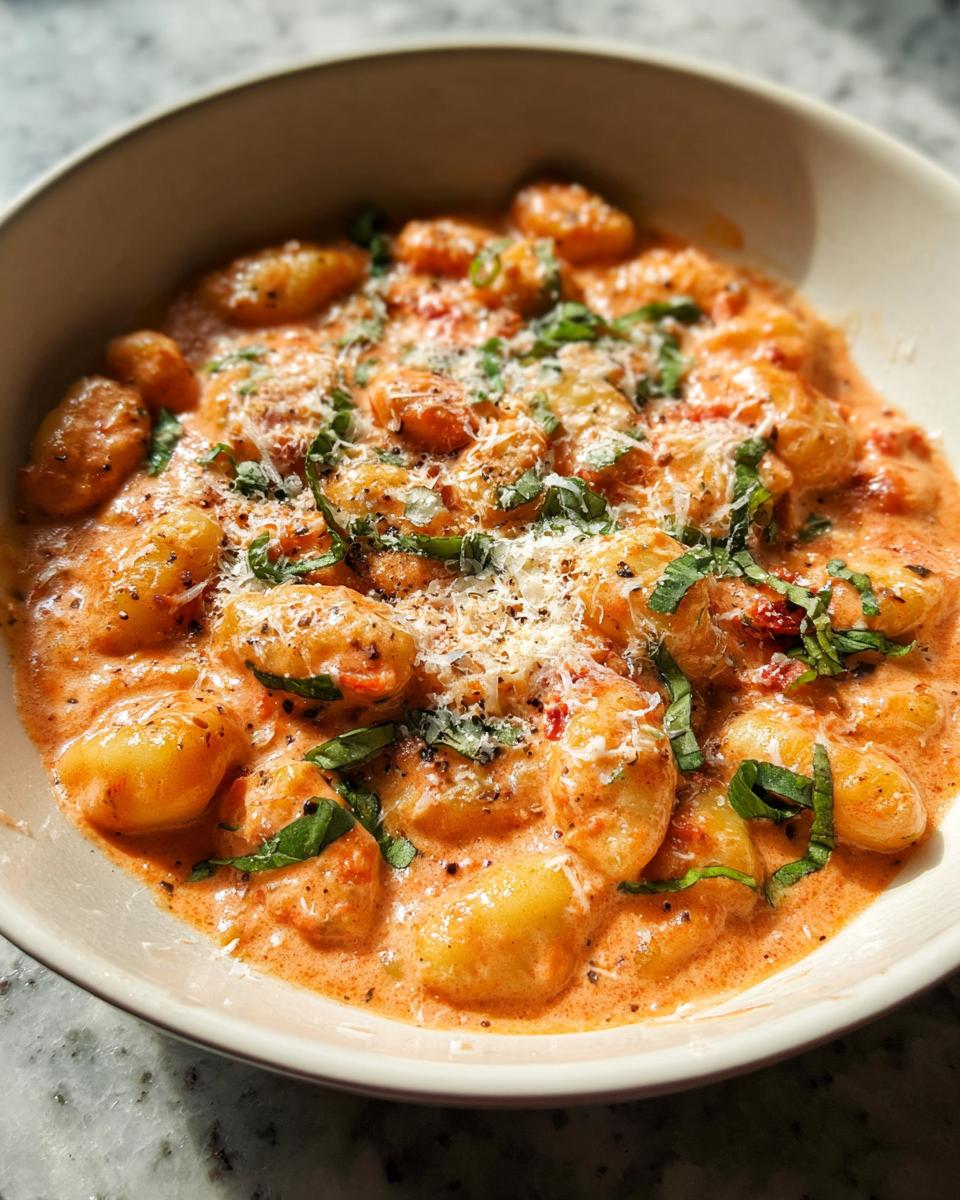 Speedy Creamy Tomato Gnocchi Recipe 4 A close-up of a bowl filled with creamy tomato gnocchi, garnished with fresh basil and grated Parmesan cheese.