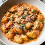 A close-up of a bowl filled with creamy tomato gnocchi, garnished with fresh basil and grated Parmesan cheese.