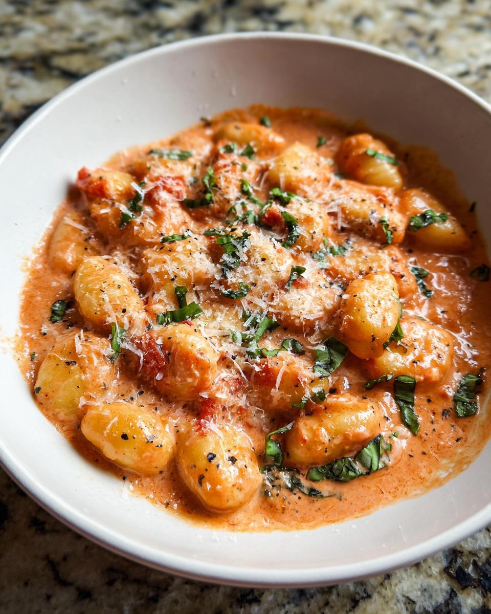 Speedy Creamy Tomato Gnocchi Recipe 5 Close-up of a bowl of Creamy Tomato Gnocchi Recipe, topped with grated Parmesan and fresh basil.