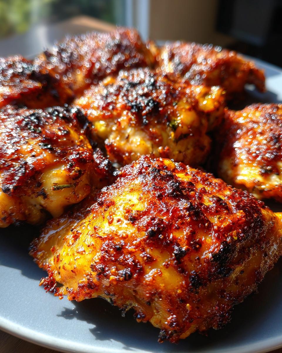 A close-up of perfectly crispy Air Fryer Chicken Thighs, seasoned and golden brown, ready for a low carb dinner.