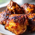 Close-up of perfectly crispy air fryer chicken thighs, seasoned and glistening, ready for a low carb dinner.