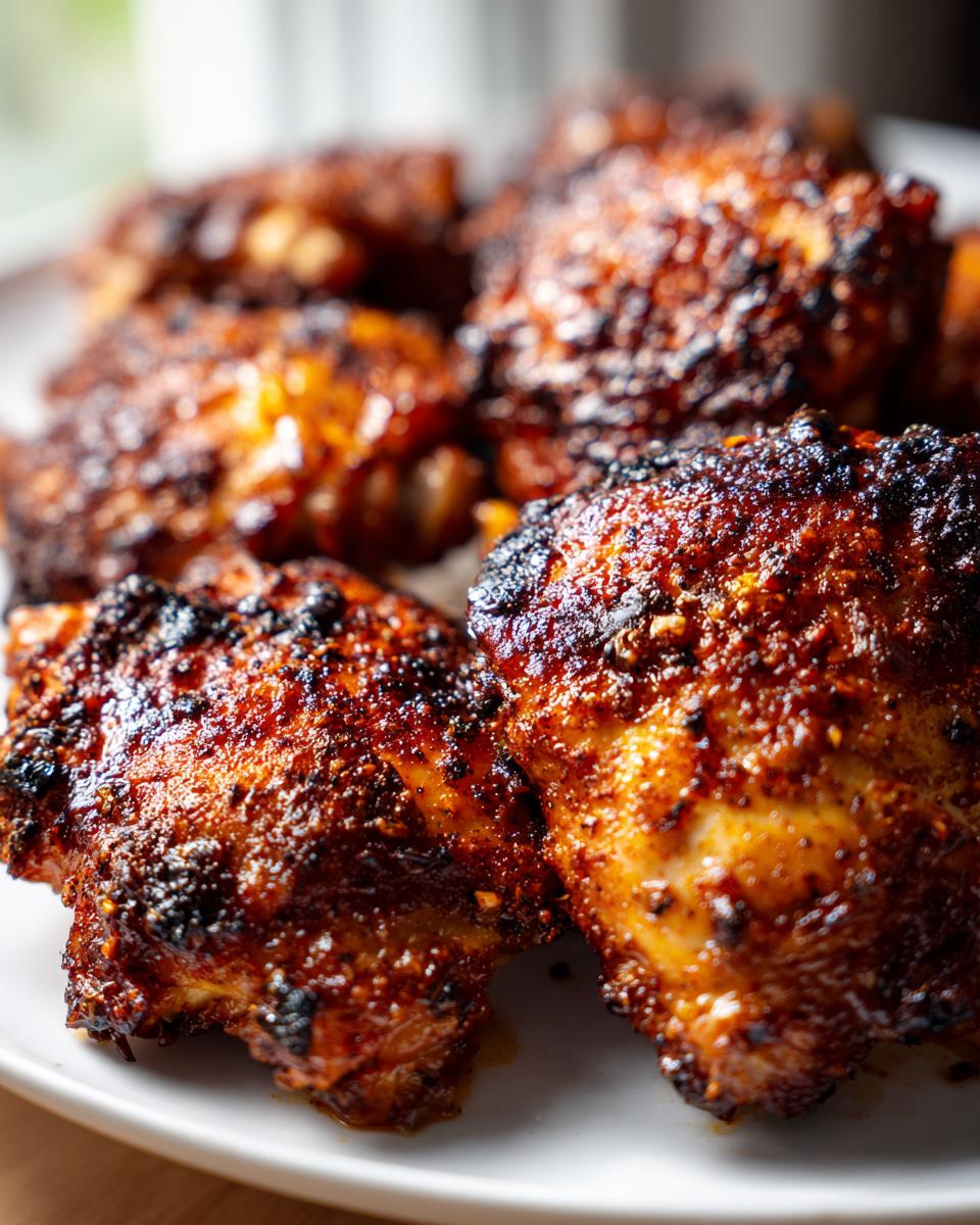 Close-up of crispy Air Fryer Chicken Thighs, seasoned and perfectly cooked for a low carb dinner.