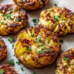 Close-up of Crispy Garlic Parmesan Smashed Potatoes, golden brown and sprinkled with fresh parsley.