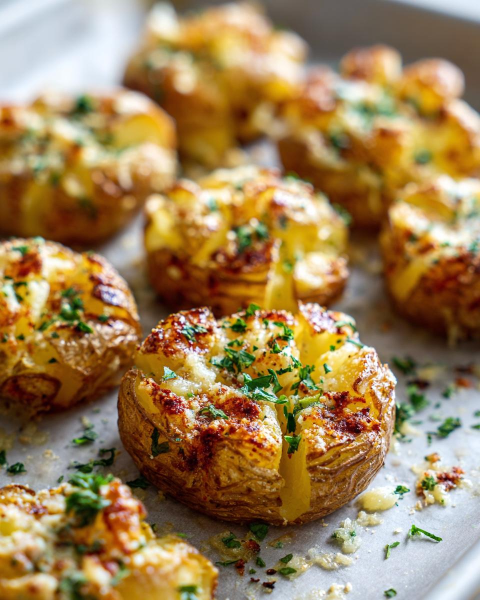 Crispy Garlic Parmesan Potatoes: 1 Secret Weapon 4 Close-up of Crispy Garlic Parmesan Smashed Potatoes topped with melted cheese and fresh parsley.