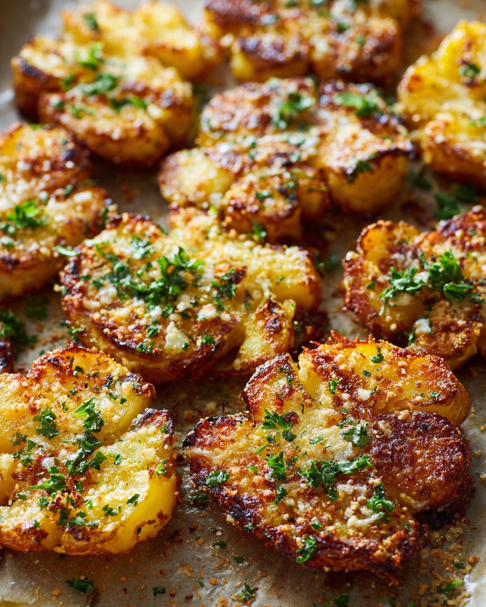 Crispy Garlic Parmesan Potatoes: 1 Secret Weapon 5 Close-up of golden brown Crispy Garlic Parmesan Smashed Potatoes, topped with grated cheese and fresh parsley.