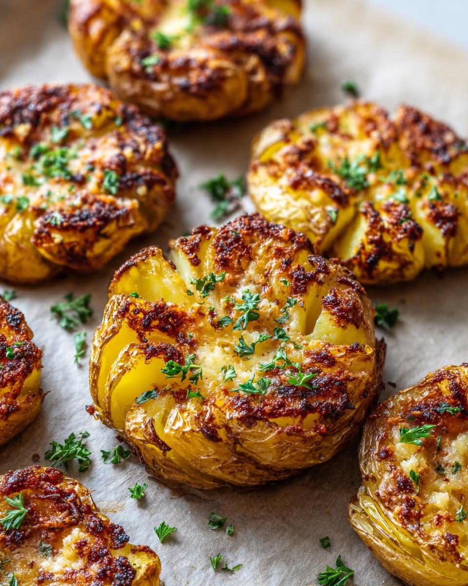 Close-up of golden-brown Crispy Garlic Parmesan Smashed Potatoes, sprinkled with fresh parsley.