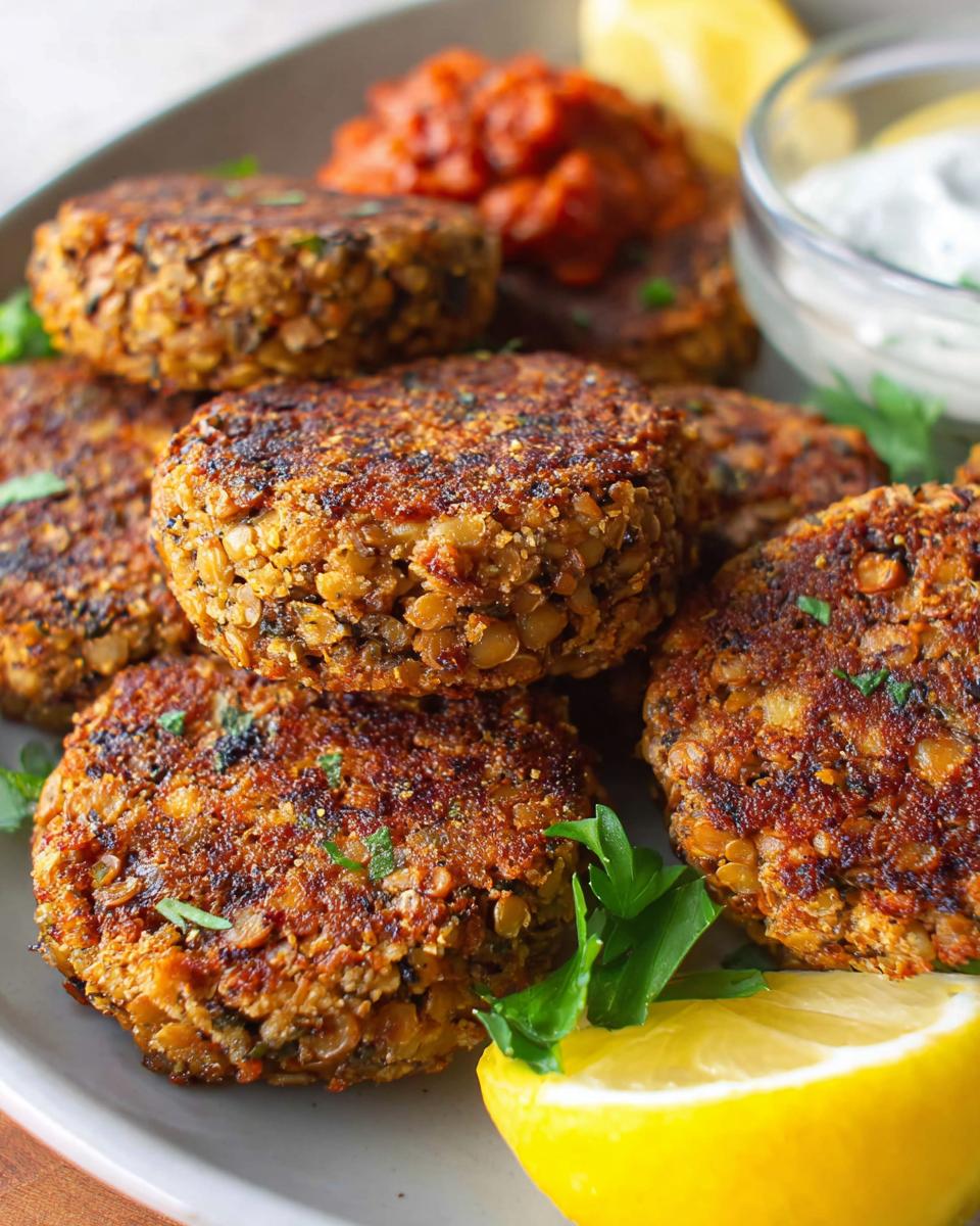 A close-up of several golden-brown Crispy Lentil Patties, garnished with fresh parsley and served with lemon wedges and dipping sauces.