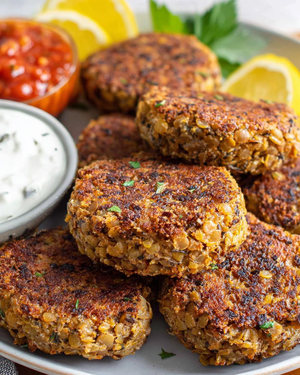 A stack of golden-brown Crispy Lentil Patties, served with a side of creamy sauce and salsa, garnished with lemon wedges and parsley.