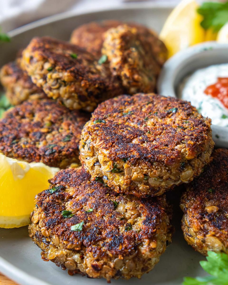 Close-up of golden-brown Crispy Lentil Patties served with lemon wedges and a side of dip.