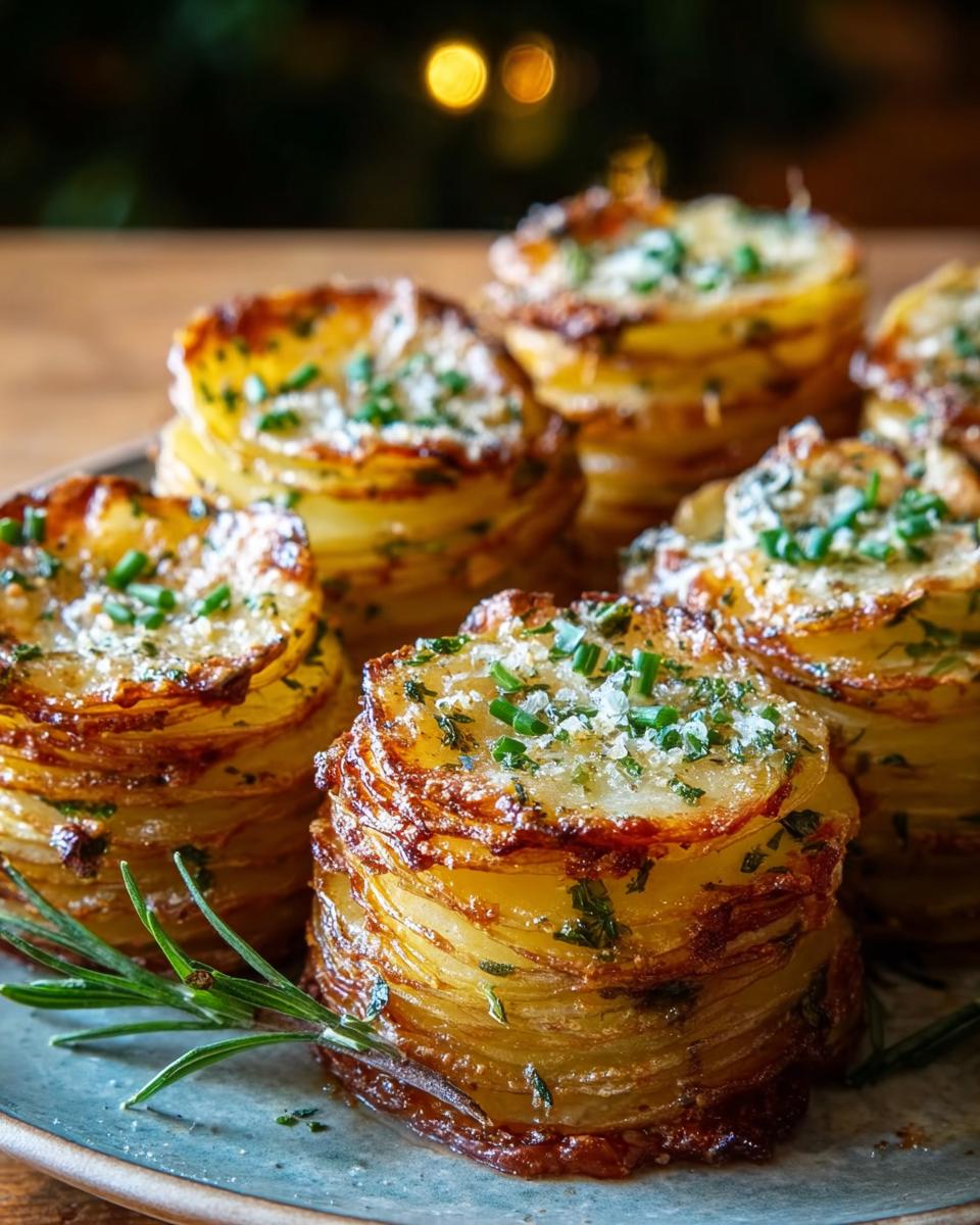 Crispy Potato Stacks: Pure Garlic Herb Bliss 4 Close-up of delicious Crispy Potato Stacks with Garlic Herb Butter, topped with fresh herbs.