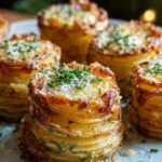 Close-up of golden brown Crispy Potato Stacks, layered with herbs and topped with chives and cheese.