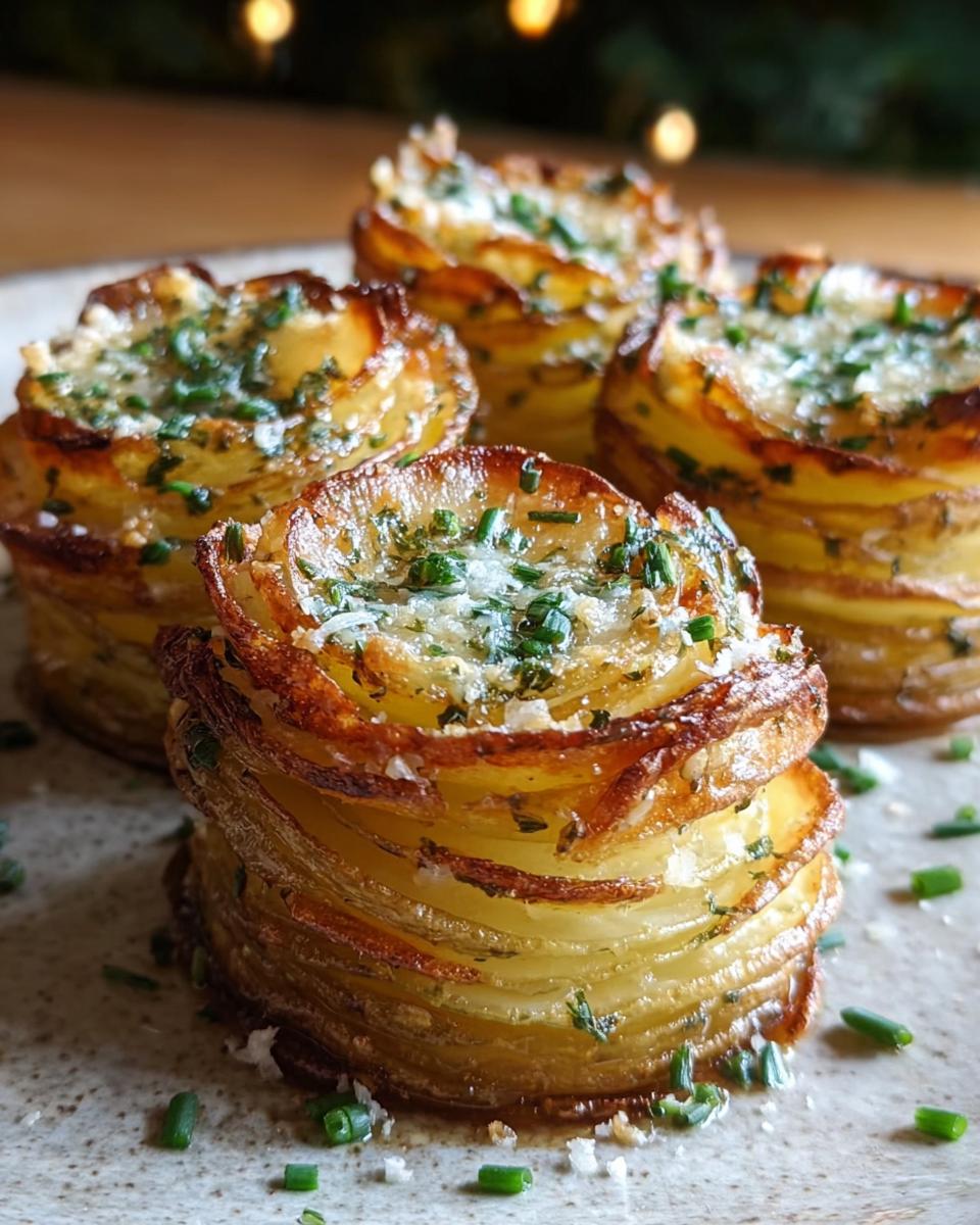 Crispy Potato Stacks: Pure Garlic Herb Bliss 5 Close-up of four golden-brown Crispy Potato Stacks with Garlic Herb Butter, topped with fresh chives.
