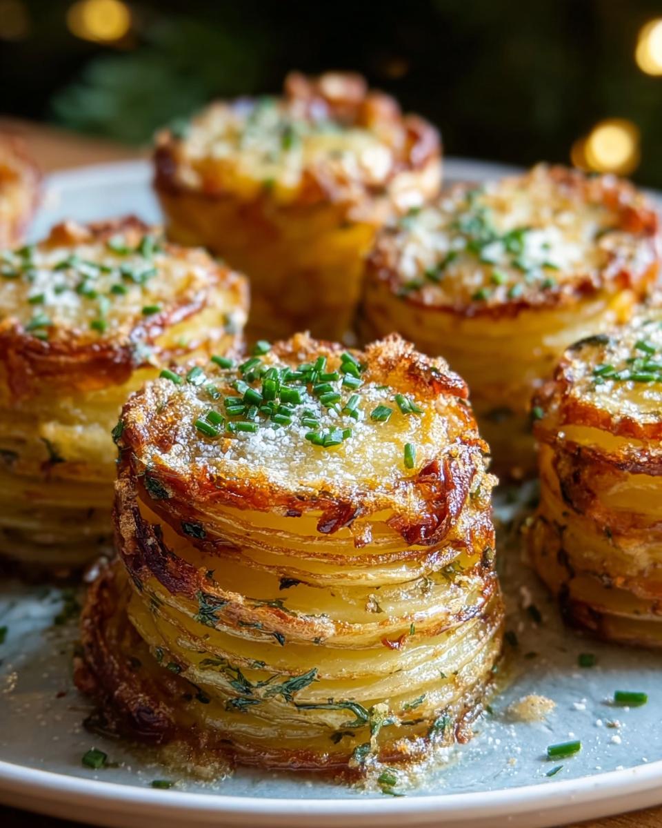 Close-up of golden brown, crispy potato stacks topped with fresh chives and grated cheese.