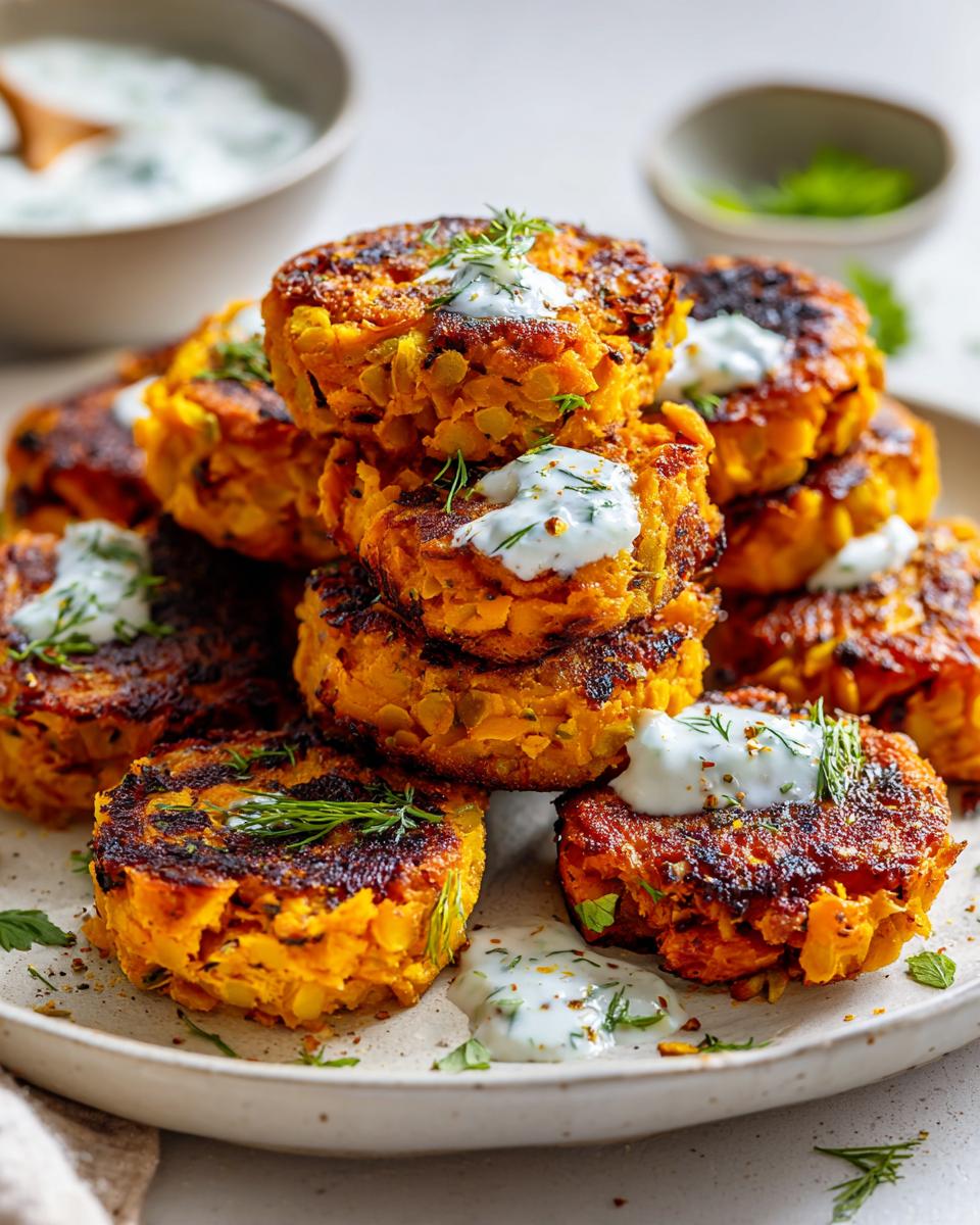 A close-up stack of crispy sweet potato lentil patties, drizzled with a creamy herb sauce and garnished with dill.