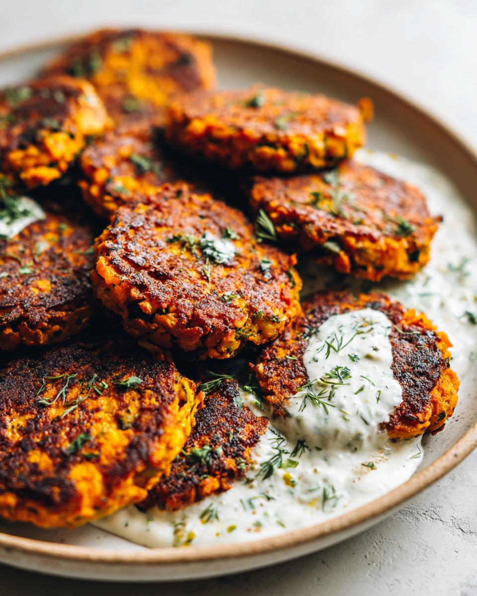 A close-up of crispy sweet potato lentil patties served with a creamy sauce and fresh dill.