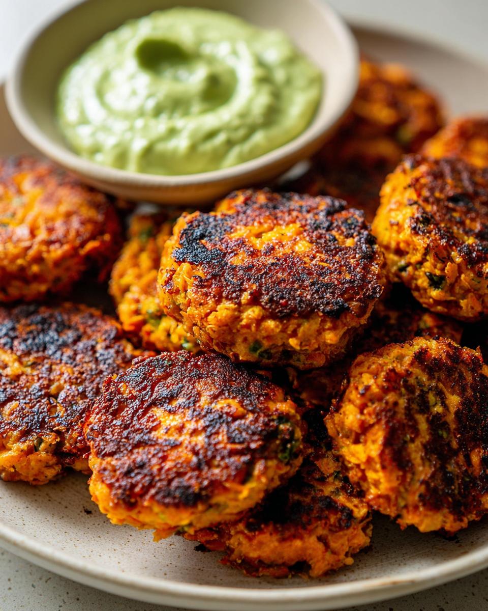 A pile of golden-brown Crispy Sweet Potato Patties served with a creamy avocado dip.