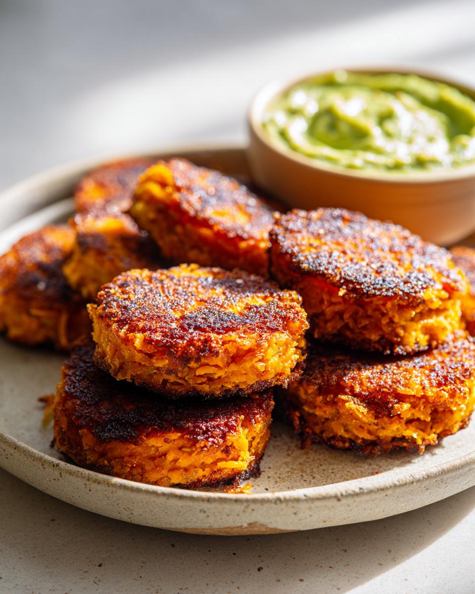 Close-up of golden-brown crispy sweet potato patties stacked on a plate, with a bowl of vibrant green avocado dip in the background.