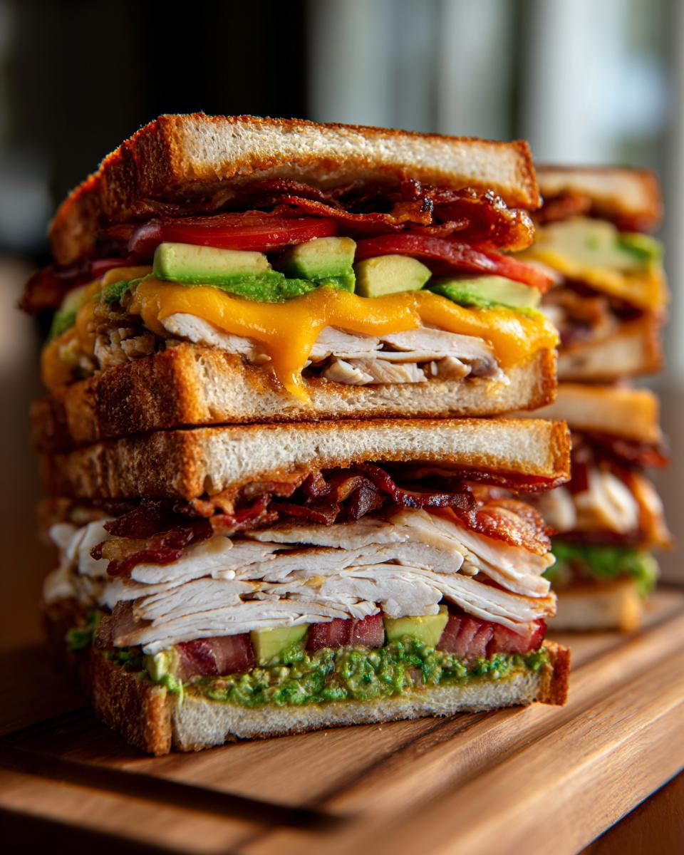 Crispy Ultimate Club Sandwich: 5-Star Flavor 5 A towering stack of Crispy Ultimate Club Sandwiches, showcasing layers of turkey, bacon, avocado, tomato, and cheese.