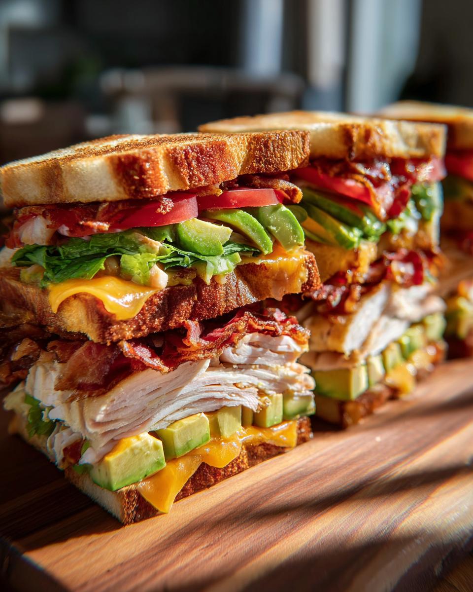 Crispy Ultimate Club Sandwich: 5-Star Flavor 4 A close-up, stacked view of a Crispy Ultimate Club Sandwich with layers of toasted bread, turkey, bacon, avocado, tomato, cheese, and lettuce.
