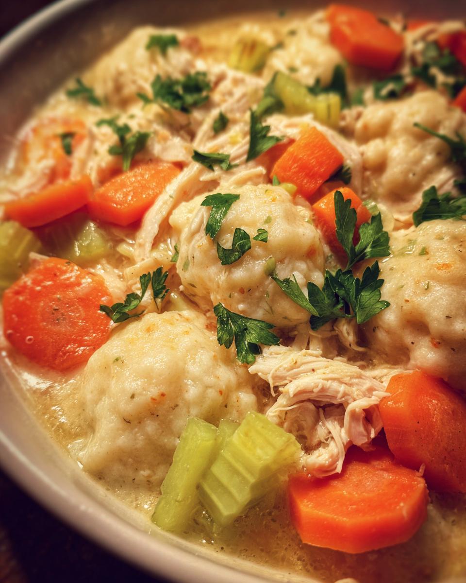 Close-up of a bowl of Crockpot Chicken and Dumplings, featuring fluffy dumplings, shredded chicken, carrots, and celery, garnished with parsley.